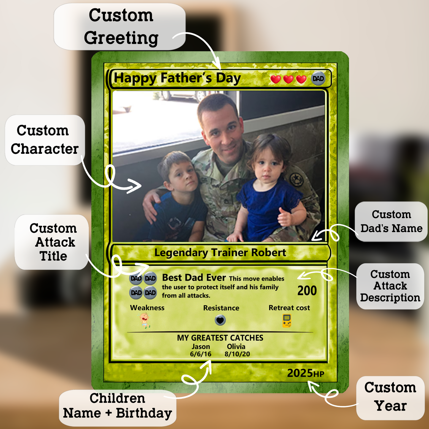 Father's Day Best Dad Ever Custom Pokemon Card - Customizable Trading Cards with Photo & Pixel Characters - Anime-Inspired Personalized Pokemon Card for Dad - CPC-76