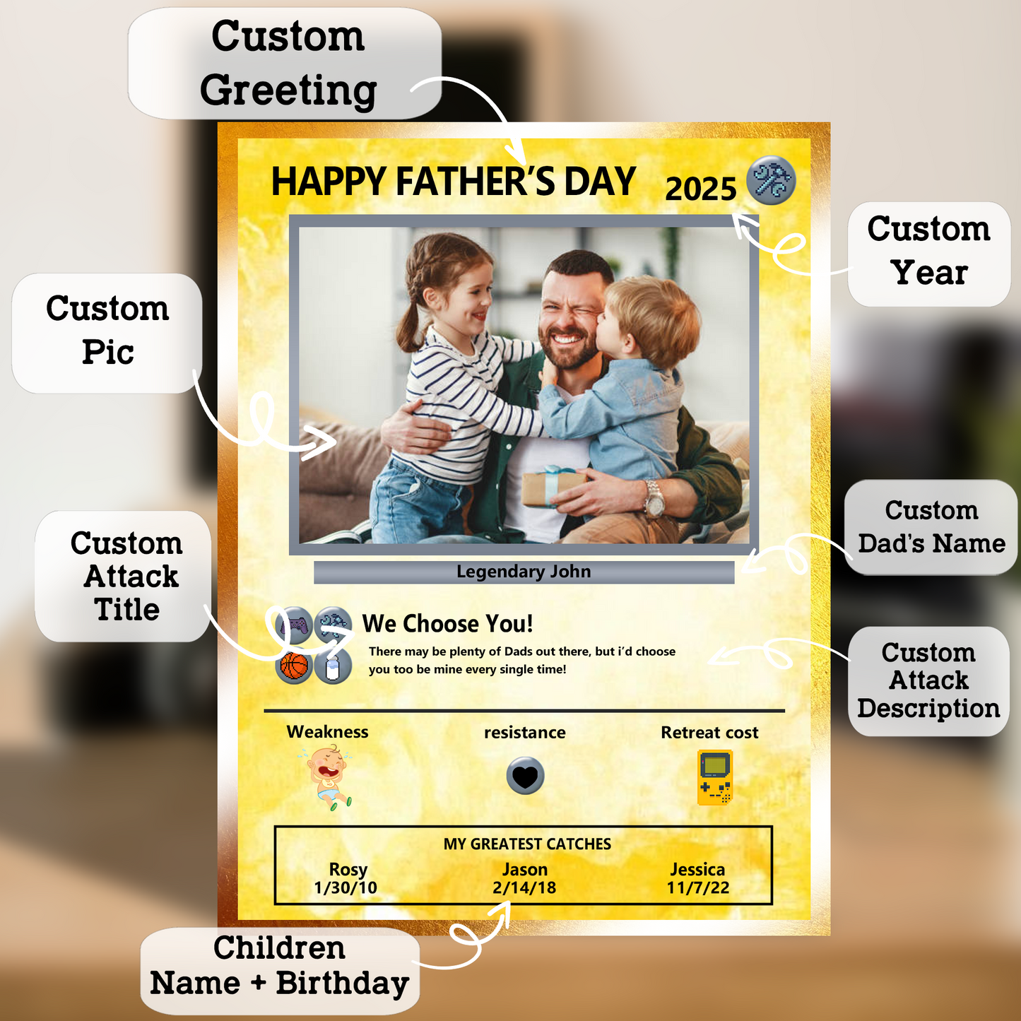 Father's Day Custom Pokemon Card by Pixel Characters  - Anime-Inspired Personalized Pokemon Card for Dad - Customizable Trading Cards with Photo - CPC-38