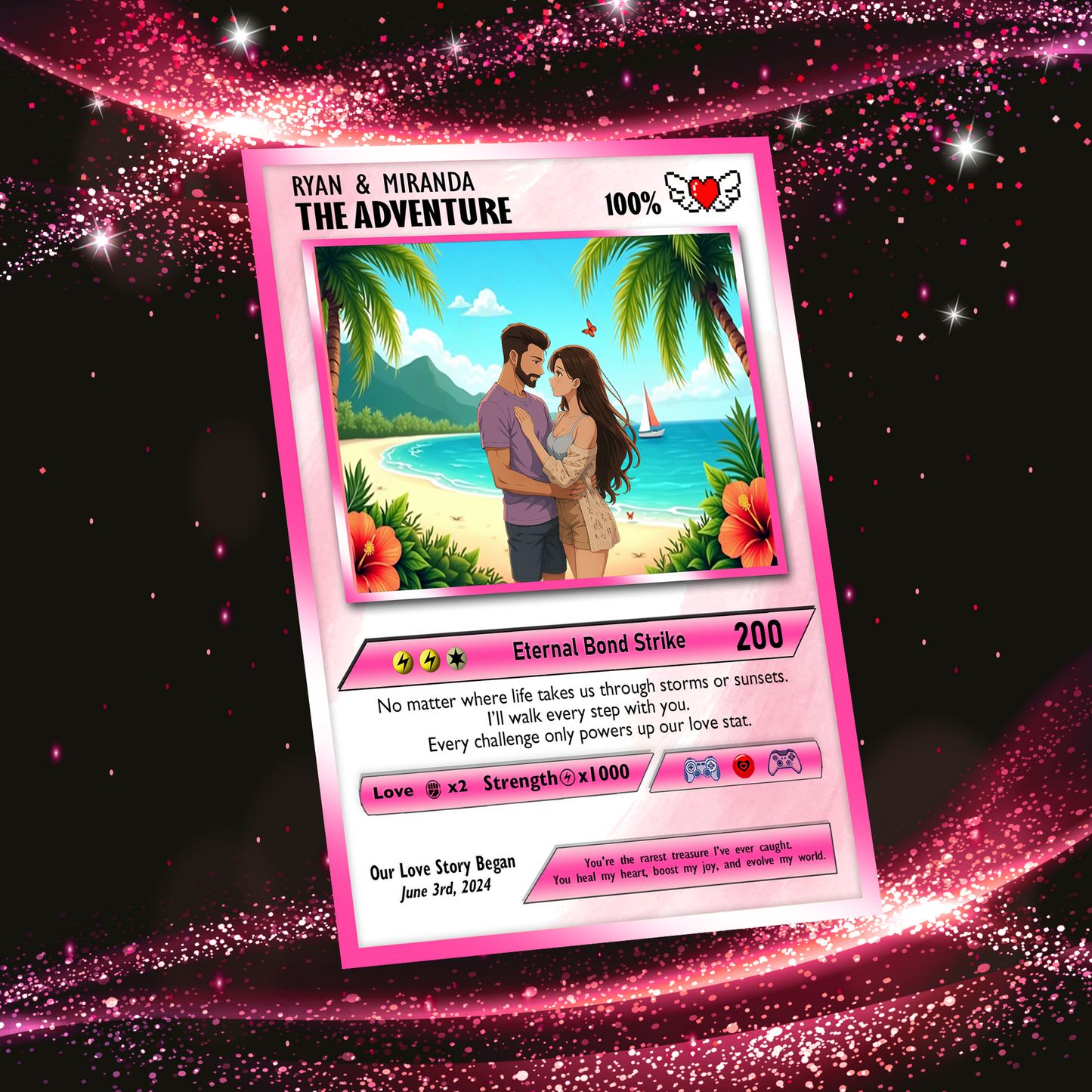Happy Valentines Card, Custom Pokémon Cards with Anime Picture, Personalized Poke Cards Animated Style Gifts for Him and Her - CPC-72