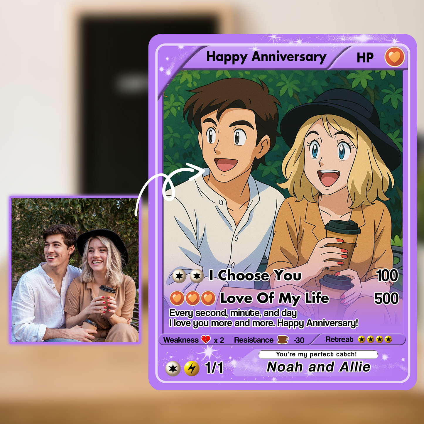 Personalized Anime-Inspired Pokemon Card - Custom Pokemon Card for Couple - Holographic Effect Available - CPC-24