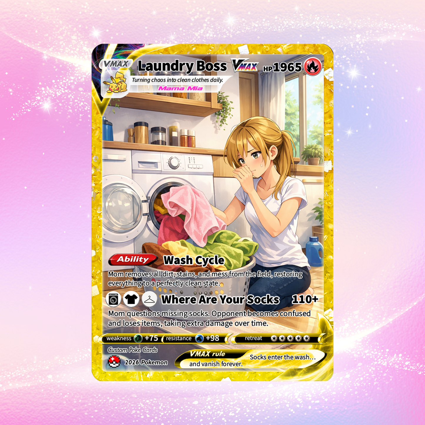 For Laundry Boss Mother’s Day Custom Pokémon Card - Funny Personalized Pokemon Card - Ghibli Anime Style Customizable Gift from Husband, Son & Daughter - CPC-96