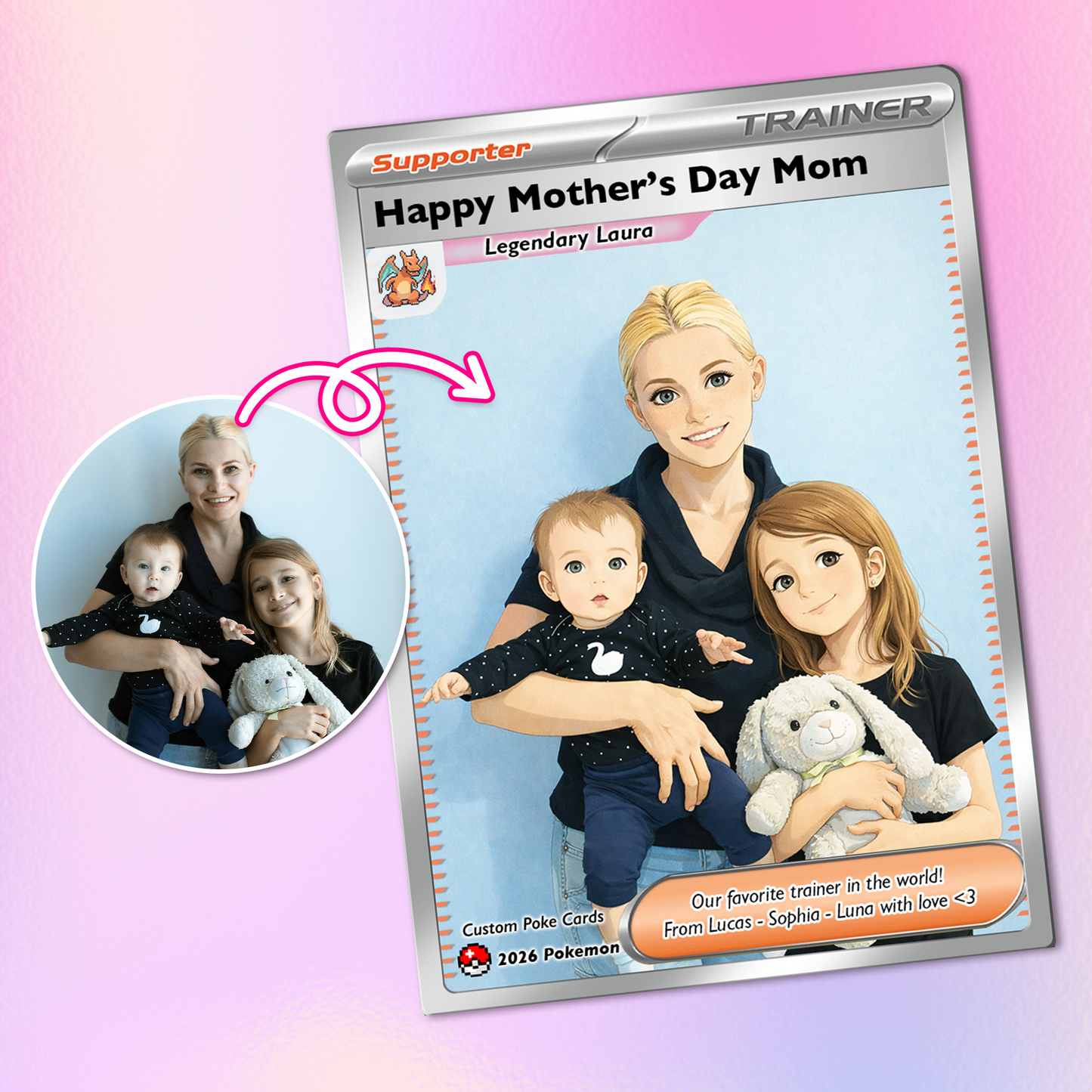 Unique Mother’s Day Custom Pokémon Card for Trainer Mom - Personalized Pokemon Card - Customizable Character Gift from Supporter, Husband, Son & Daughter - CPC-78.D