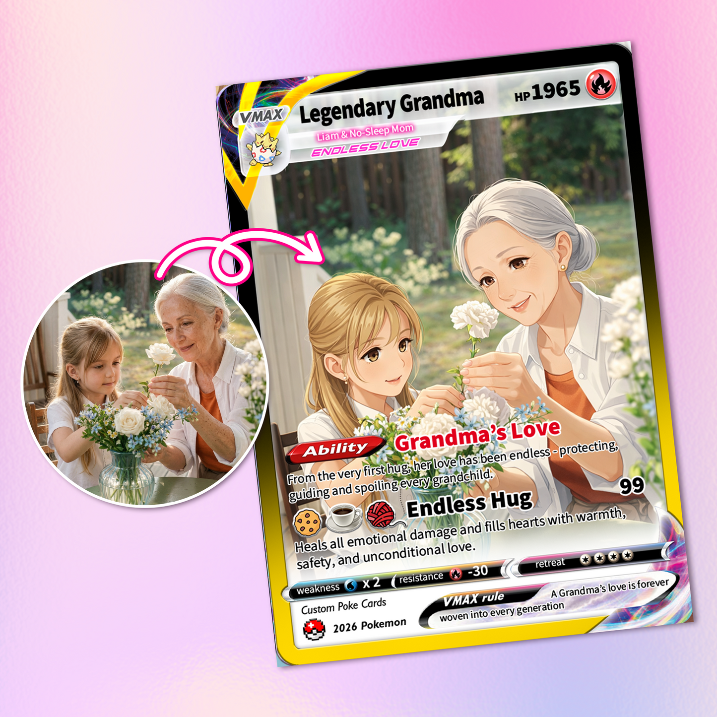 Happy Mother's Day Custom Pokémon Card for Grandma - Personalized Pokemon Card - Customizable Gift from Husband | Ghibli - Anime Style Trading Card - CPC-91