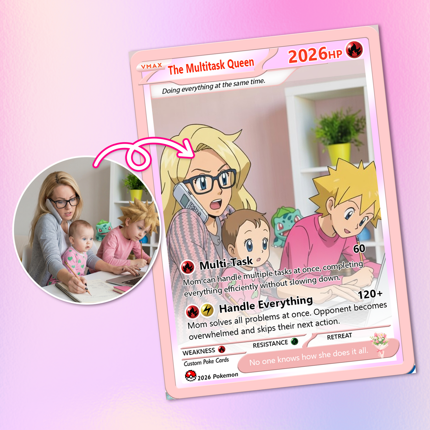 Funny Mother’s Day Custom Pokémon Card for The Multitask Queen - Funny Personalized Pokemon Card - Ghibli Anime Style Customizable Gift from Husband, Son & Daughter - CPC-99