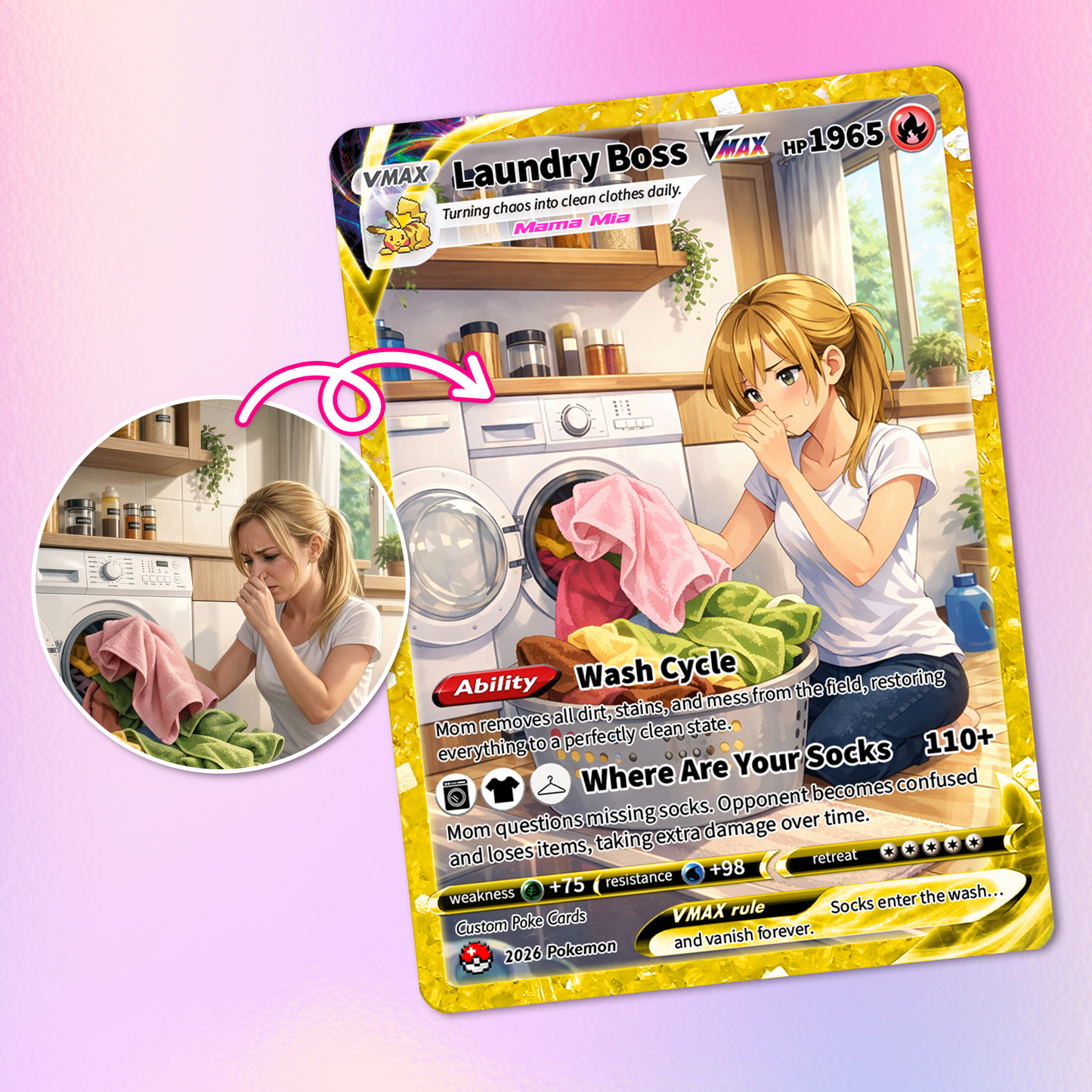 For Laundry Boss Mother’s Day Custom Pokémon Card - Funny Personalized Pokemon Card - Ghibli Anime Style Customizable Gift from Husband, Son & Daughter - CPC-96
