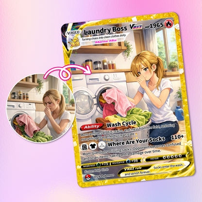 For Laundry Boss Mother’s Day Custom Pokémon Card - Funny Personalized Pokemon Card - Ghibli Anime Style Customizable Gift from Husband, Son & Daughter - CPC-96