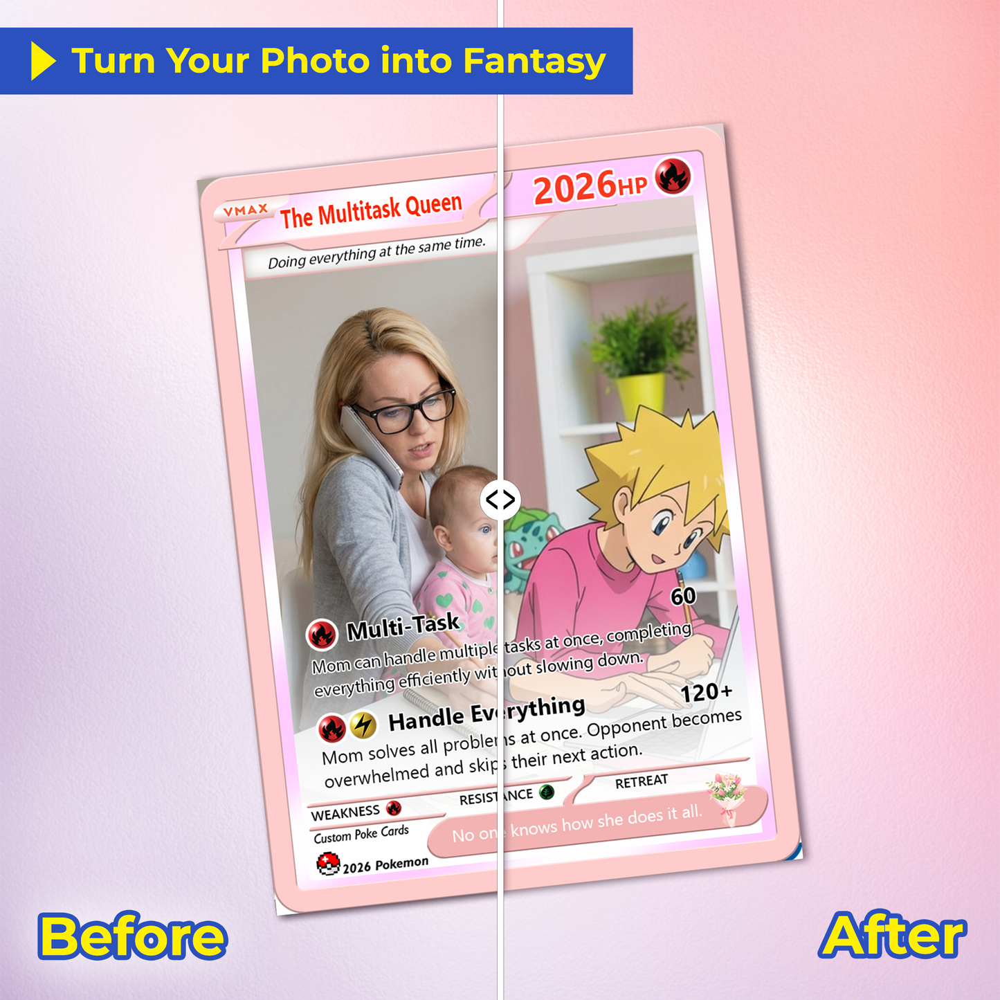 Funny Mother’s Day Custom Pokémon Card for The Multitask Queen - Funny Personalized Pokemon Card - Ghibli Anime Style Customizable Gift from Husband, Son & Daughter - CPC-99