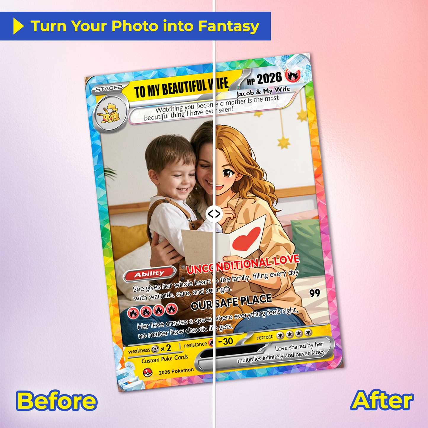 Happy Mother's Day Personalized Pokemon Card - Custom Pokémon Card for Wife - Customizable Gift from Husband | Ghibli - Anime Style Trading Card - CPC-92.B