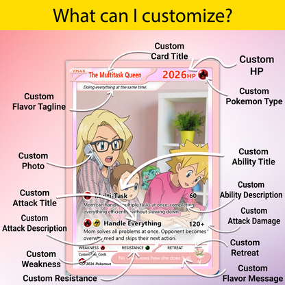 Funny Mother’s Day Custom Pokémon Card for The Multitask Queen - Funny Personalized Pokemon Card - Ghibli Anime Style Customizable Gift from Husband, Son & Daughter - CPC-99