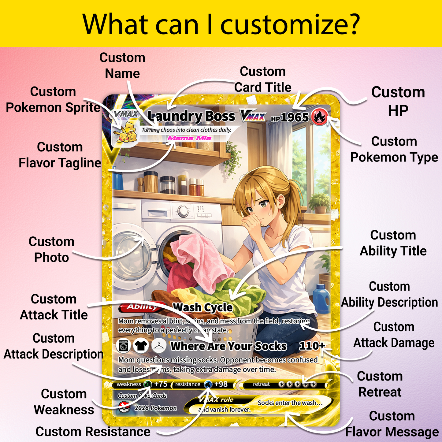 For Laundry Boss Mother’s Day Custom Pokémon Card - Funny Personalized Pokemon Card - Ghibli Anime Style Customizable Gift from Husband, Son & Daughter - CPC-96