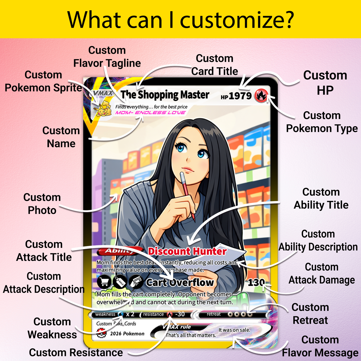 Funny Mother’s Day Custom Pokémon Card for The Shopping Master - Funny Personalized Pokemon Card - Ghibli Anime Style Customizable Gift from Husband, Son & Daughter - CPC-97