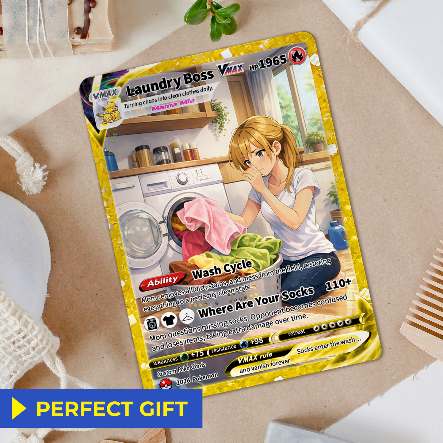 For Laundry Boss Mother’s Day Custom Pokémon Card - Funny Personalized Pokemon Card - Ghibli Anime Style Customizable Gift from Husband, Son & Daughter - CPC-96