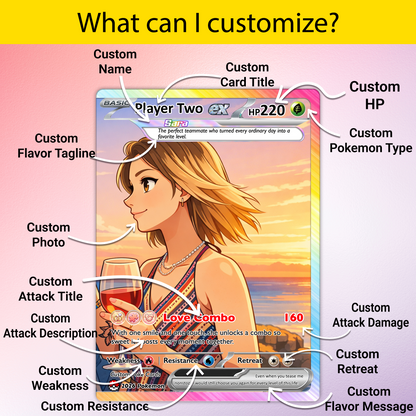 Matching Set Custom Pokémon Cards, Set of 2 Personalized Poke Cards, Buy 1 Get 2 Animated Style Gifts for Him and Her - CPC-100