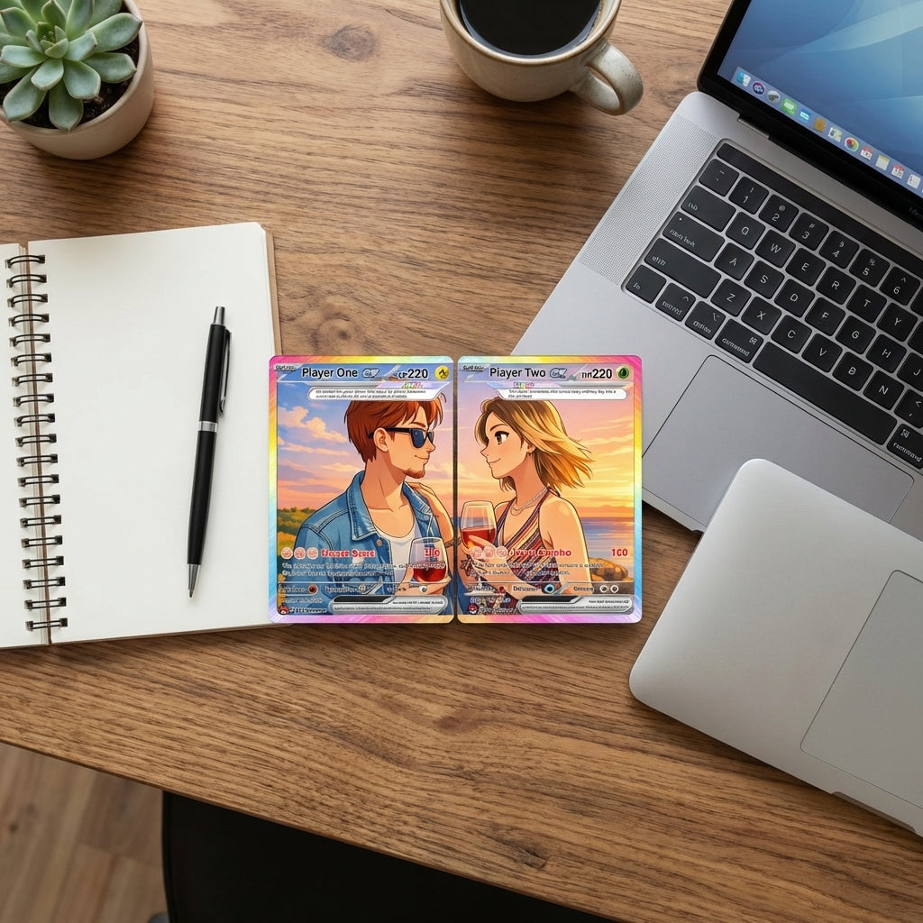 Matching Set Custom Pokémon Cards, Set of 2 Personalized Poke Cards, Buy 1 Get 2 Animated Style Gifts for Him and Her - CPC-100