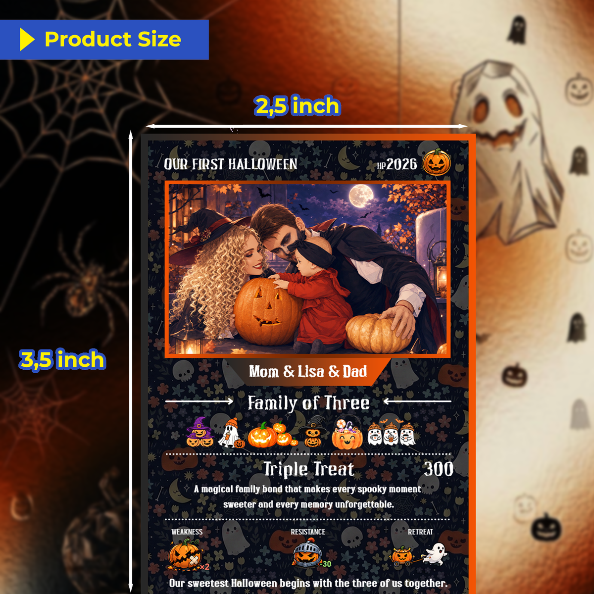 Custom Pokémon Card – First Halloween as a Family of Three, Halloween Anime Transformation Metal Card, Personalized Family of 3 Gift, New Family Keepsake - CPC-hlw-14