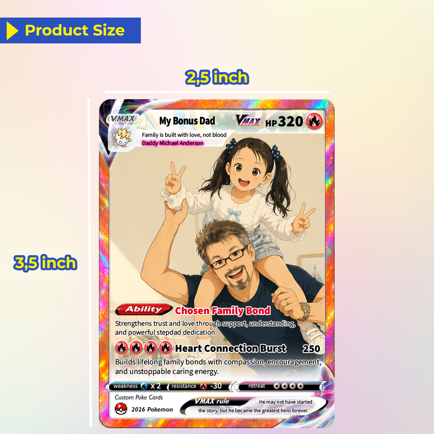 My Bonus Dad Custom Pokémon Card for Father's Day - Comic Anime Style Personalized Pokémon Card for Step Dad - Perfect Gift for Stapfather from Kids - CPC-131
