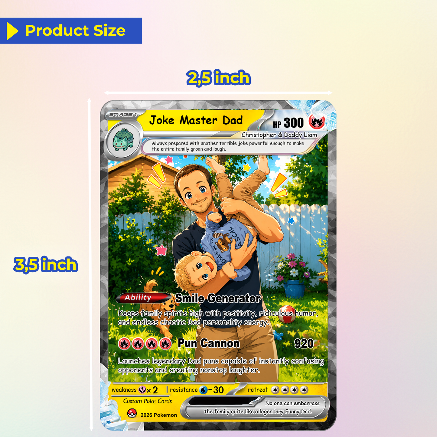 Funny Happy Father's Day Custom Pokémon Card - Comic Anime Style Personalized Pokémon Card for Funny Dad - Perfect Gift from Wife & Kids - CPC-122